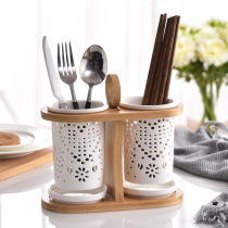  Korean ceramic chopstick tube porous drain Japanese double chopstick tube mildew cage Chopstick box Tableware fork spoon placement tube rack