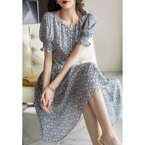 RAGR The first time to see the heart goodbye infatuation ~Demure and gentle mulberry silk blue printed bubble sleeve dress