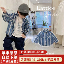 Komori's children's clothing boys denim striped shirt 2021 autumn new baby autumn shirt foreign style trend
