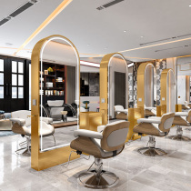 Stainless steel hairdressing mirror Internet celebrity barber shop mirror table with LED light floor mirror full body mirror light luxury mirror hair salon dedicated