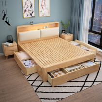 Nordic solid wood bed 1 5 m single bed modern simple 1 8m double air pressure high box drawer storage original wooden bed