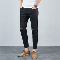 Tide brand summer new mens stretch nine-point jeans Korean version of a word hole slim-fit small feet beggar casual pants