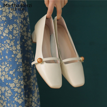 Sheepskin coarse-heel cream shoes womens spring summer 2021 mid-heel retro single shoes womens leather shallow square head small leather shoes