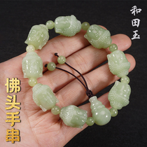 Natural Hetian Jade yellow mouth material Buddha head string mens Sakyamuni three-dimensional carved jade bracelet