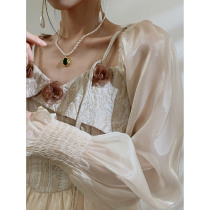 DGU gentle Tie Versailles Skirt High Waist Milk Sweet Birthday White Long Skirt French Princess Long Sleeve Dress Fairy
