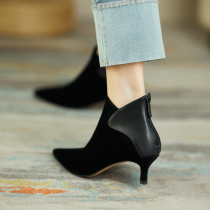 Low heels womens pointed cat heel frosted ankle boots 2021 autumn and winter New High heels Brown plus velvet small heel naked boots