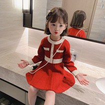 Girls Knitted Dress 2021 Spring and Autumn foreign style of small fragrant wind base skirt Red children sweater skirt