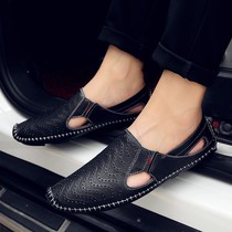 Leather openwork shoes 2021 cowhide bean shoes men's lazy casual soft bottom driving summer breathable men's shoes sandals