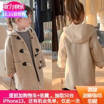 Korean girl woolen coat 2021 new autumn and winter long woolen coat thick hairy horn buckle coat