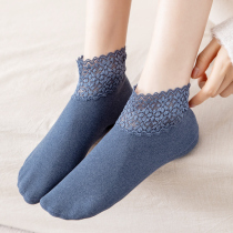 Lace Hollowed-out Lace Short Socks Woman Silicone Gel Anti Slip Boat Socks Autumn Winter Pure Cotton Thickened Garnter Warm Loose Stomp Floor Socks