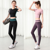 2021 summer new fitness coach yoga suit suit womens quick-drying short-sleeved stretch trousers sportswear two-piece suit