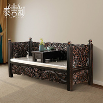 Taijili Southeast Asian style furniture elm Zen Chinese carved Luohan bed Thai antique solid wood sofa bed