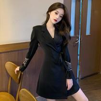 Autumn dress new design sense rhinestone strap long sleeve suit dress waist A character temperament long skirt women