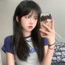 Wig female hair full head cover summer long straight hair daily round face lolita Japanese air bangs red long hair