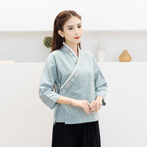 Summer and autumn Chinese style retro modified oblique flap Hanfu embroidery cotton and linen collar Han Yuan plain tea clothing Tang Jacket Women