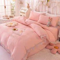 Korean princess pink four-piece cotton cotton simple non-slip lace bed bedding bedding