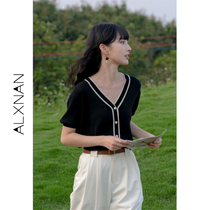 Deer south black knitted cardigan thin female summer 2021 new wild fit slim v-neck short-sleeved top