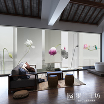 Curtain roll curtain hand pull screen living room translucent hanging curtain soft partition shade Chinese Lotus custom electric