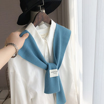 Korean Version Spring Autumn Summer New Small Kan Shoulder Knitted Shawl Outside of the Air-conditioned Room Care Cervical Spine Shirt Blue Hitch Woman