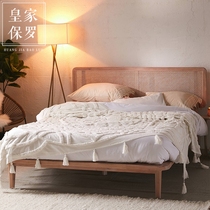 Nordic solid wood bed Modern simple rattan bedroom 1 5 large beds Japanese bed and breakfast Hotel master room Double 1 8 beds