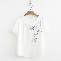  Summer new middle-aged and elderly ethnic style plate buckle large size loose cotton embroidered short-sleeved T-shirt fat mother top