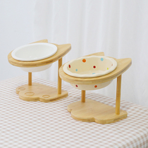 Kitty Ceramic Bowl High Foot Wood Frame High Foot Protection Cervical Spine Dog Food Basin Bowl Anti-Flap Pet Bowl Ceramics