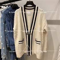 sandro Small Fragrant Wind V-neck Contrast Wool Knitted Cardigan Loose Jacket 21 Autumn Winter SFPCA00406