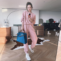 Mei Yang MEIYANG (spot) Gemini casual soft velvet set long sleeve sweater elastic tie leg pants two-piece set