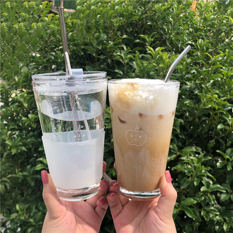 Han Feng ins the same simple small fresh cute apple glass glass straw cup milk breakfast cup large capacity