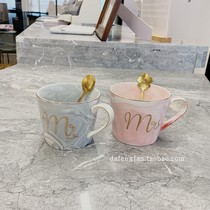 Large capacity mug Ceramic cup Creative marble pattern couple cup Romantic birthday gift spoon
