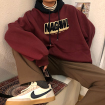 NAGAWL2021 autumn and winter New Japanese plush letter embroidered wine red sweater mens American loose velvet tide