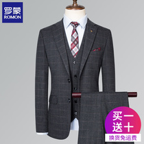 Romon suit suit suit men Korean version of slim plaid suit professional dress groom dress groom wedding dress