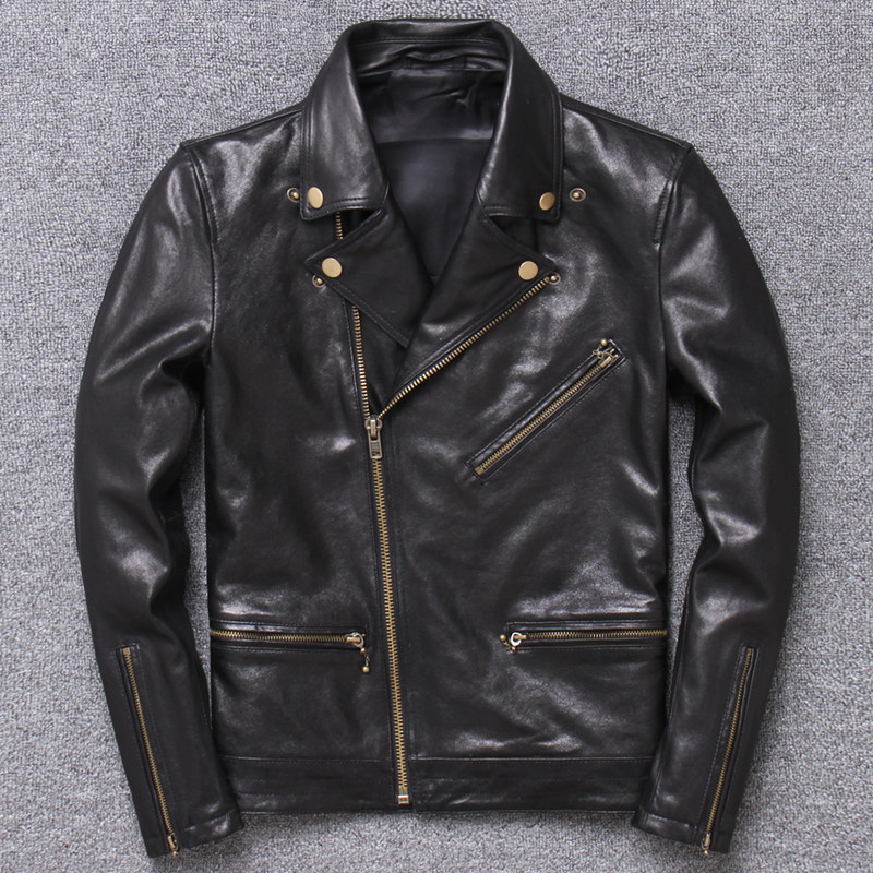 Special clearance Goatskin leather mens slim leather jacket thin motorcycle leather tide men lapel single jacket