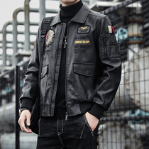 Hong Kong Tide brand leather jacket men autumn and winter Indian chiefs embroidered locomotive suit lapel pilot jacket men