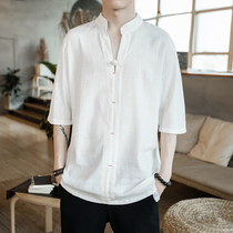2021 summer mens clothing Chinese style linen short-sleeved Tang suit Loose middle sleeve three-point sleeve t-shirt linen coat half-sleeve top