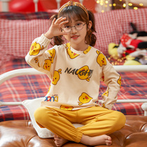 Childrens pajamas female spring and autumn cotton long sleeve girl baby home clothing Princess big child girl small yellow duck mother womens clothing