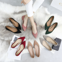 Elopement pointed single shoes womens summer v-mouth flat low heel 2021 spring gray leather sheepskin nude light mouth womens shoes