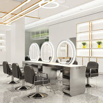 New net celebrity hair salon luminous marble desktop mirror table hair salon special cabinet with lights integrated hair mirror