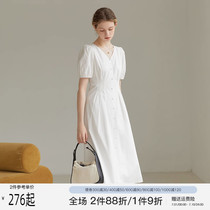 Fansi Lanen 22FS2026 White V-neck temperament dress womens summer French collar certificate small white dress first love feeling