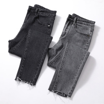 Korean smoky gray jeans women plus velvet furs 2021 autumn nine points high waist slim tight-fitting pencils
