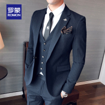 Romon Striped Suit Men Suit Korean Version Sashimi Casual Positive Dress Groom Wedding Gown Mens Suit Three Sets