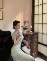 Catyears Cat Years Bright Moon and Pine Photos~New Chinese-style slit dress womens summer green improved cheongsam