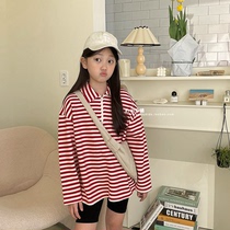 White Cloud Heart clear South Korean childrens clothing 2022 Spring models for men and women CUHK Trendy Stripes Flip collar and T-shirt parent-child