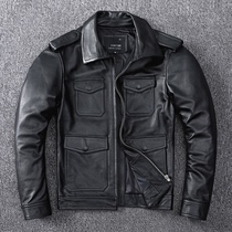 New hunting tough guy pure cowhide leather leather jacket mens motorcycle short lapel multi-pocket leather jacket coat tide