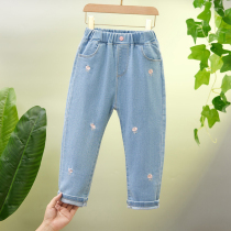 Childrens clothing girl jeans Spring and autumn in childrens cute and cute embroidered fashion foreign air elastic loose long pants Korean version tide
