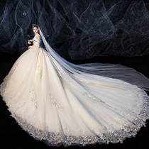 Main wedding dress 2021 New Korean Bride wedding champagne color long trailing shoulder long sleeve