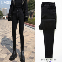 Plus velvet black jeans womens autumn and winter high waist slim tight-fitting pants 2021 New thin velvet padded and lengthened