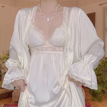Sweet soft glutinous White Moonlight French style palace long sleeve fall sleeping dress Two sets of sleepwear silk satin slim C15