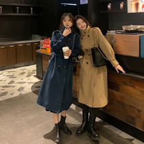 (Hu Chuliang artist) 2021 autumn and winter navy blue woolen coat stand collar wool coat female middle length