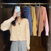 High waist sweater female short section V collar knit cardigan fall outside wearing loose and lazy windy vintage coat ancient feeling